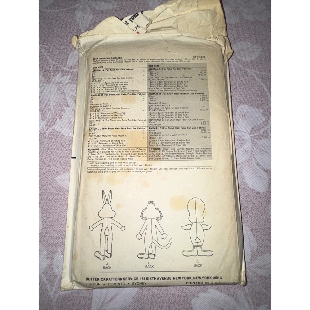 Vtg 1978 Butterick 6347 Looney Tunes Stuffed Animals Sewing Pattern Bugs Bunny